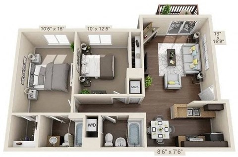 Floor plan for 2 beds, 2 baths, 927 sqft